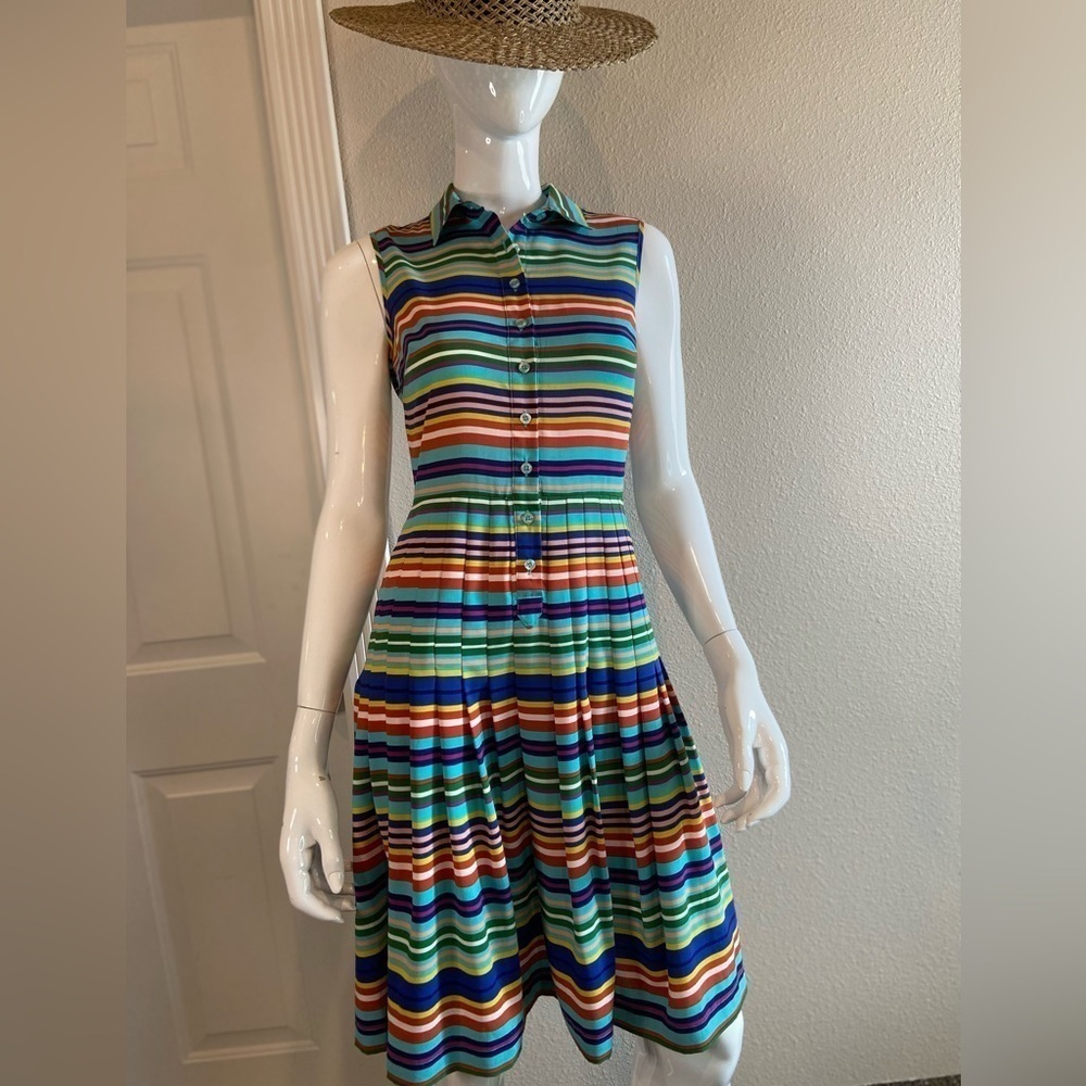 Calvin Klein~Multi-Colored~Stripe Print~Pleated~Button Down~Midi Dress~Size 2